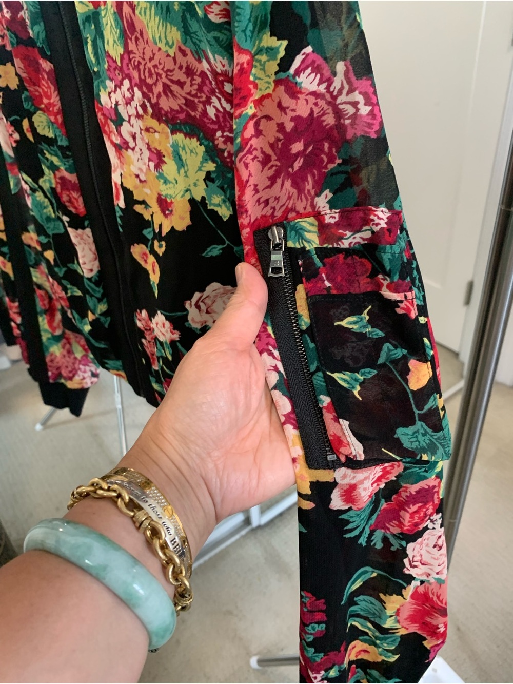 BCBGMaxAzria Black Floral Top / Bomber Jacket with Multicolor Blooms, Small - Picture 7 of 9